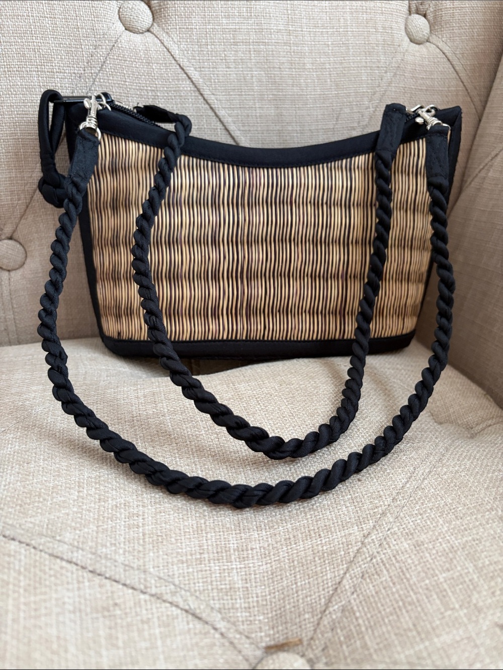 Woven Straw Shoulder Bag with Black Trim and Braided Straps